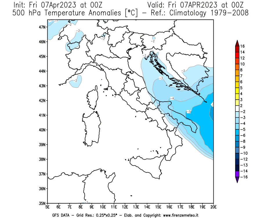 Mappa di analisi GFS - Anomalia Temperatura [°C] a 500 hPa in Italia
							del 07/04/2023 00 <!--googleoff: index-->UTC<!--googleon: index-->