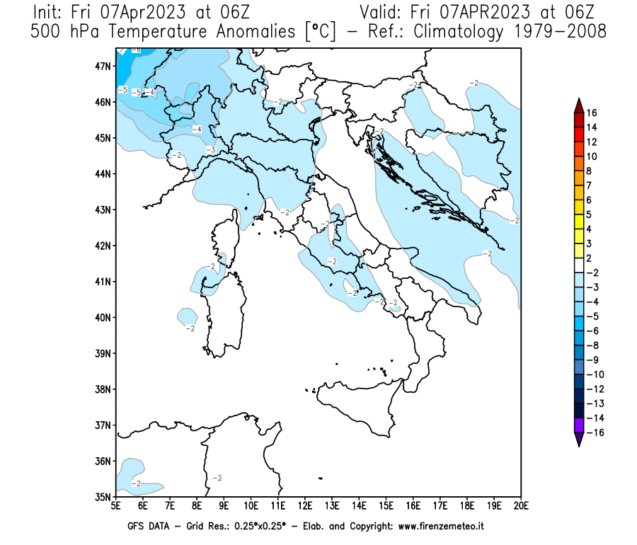 Mappa di analisi GFS - Anomalia Temperatura [°C] a 500 hPa in Italia
							del 07/04/2023 06 <!--googleoff: index-->UTC<!--googleon: index-->