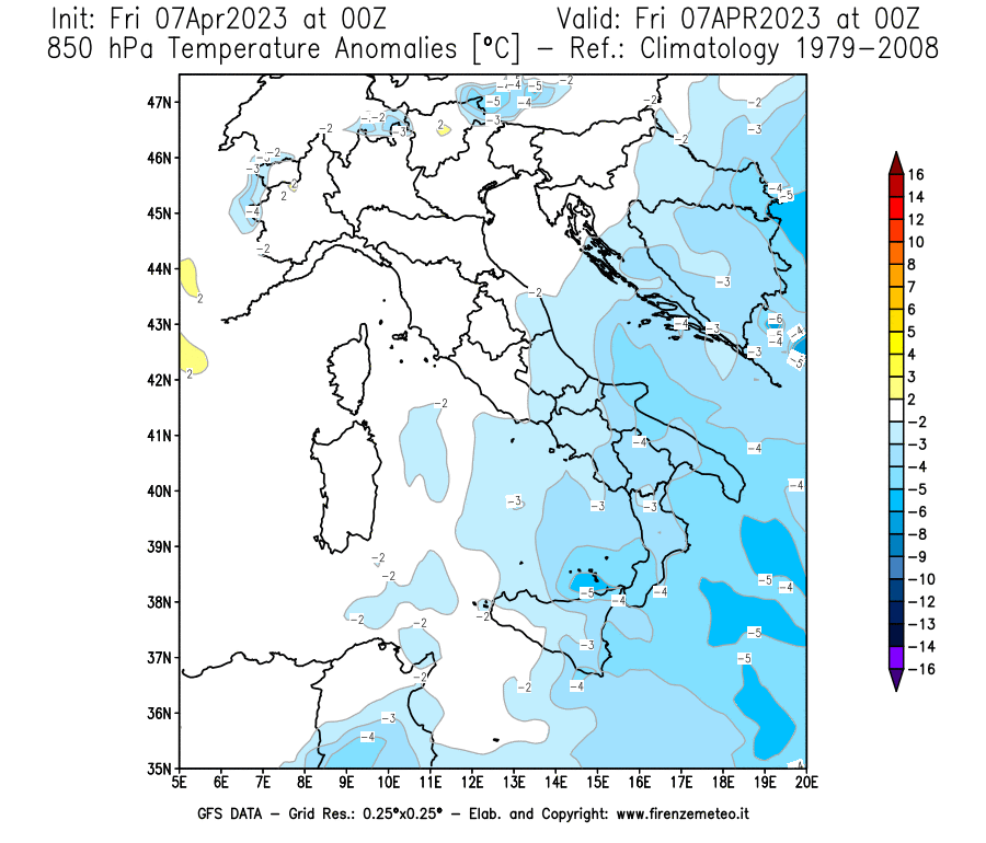 Mappa di analisi GFS - Anomalia Temperatura [°C] a 850 hPa in Italia
							del 07/04/2023 00 <!--googleoff: index-->UTC<!--googleon: index-->