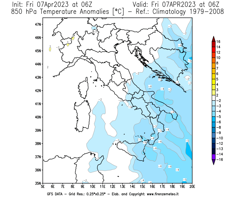 Mappa di analisi GFS - Anomalia Temperatura [°C] a 850 hPa in Italia
							del 07/04/2023 06 <!--googleoff: index-->UTC<!--googleon: index-->