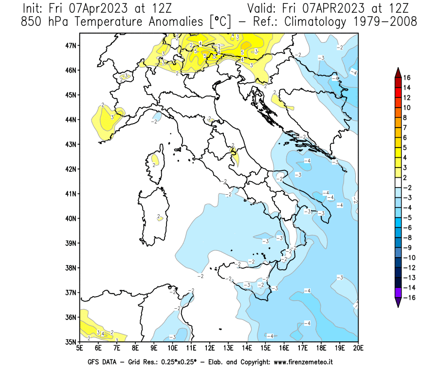 Mappa di analisi GFS - Anomalia Temperatura [°C] a 850 hPa in Italia
							del 07/04/2023 12 <!--googleoff: index-->UTC<!--googleon: index-->