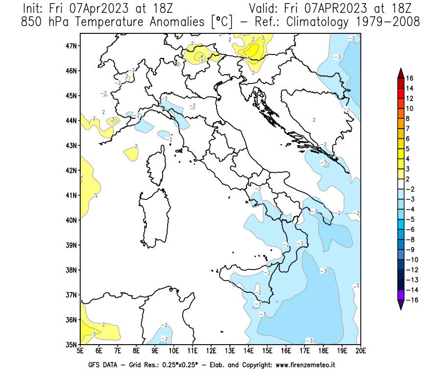 Mappa di analisi GFS - Anomalia Temperatura [°C] a 850 hPa in Italia
							del 07/04/2023 18 <!--googleoff: index-->UTC<!--googleon: index-->