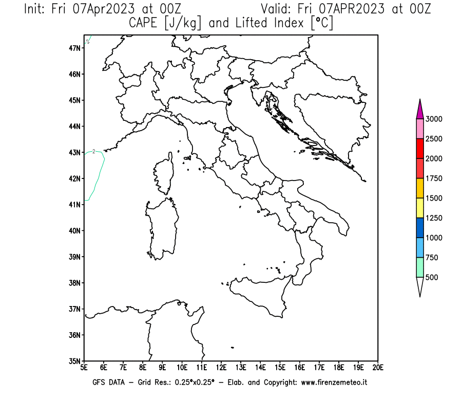 Mappa di analisi GFS - CAPE [J/kg] e Lifted Index [°C] in Italia
							del 07/04/2023 00 <!--googleoff: index-->UTC<!--googleon: index-->