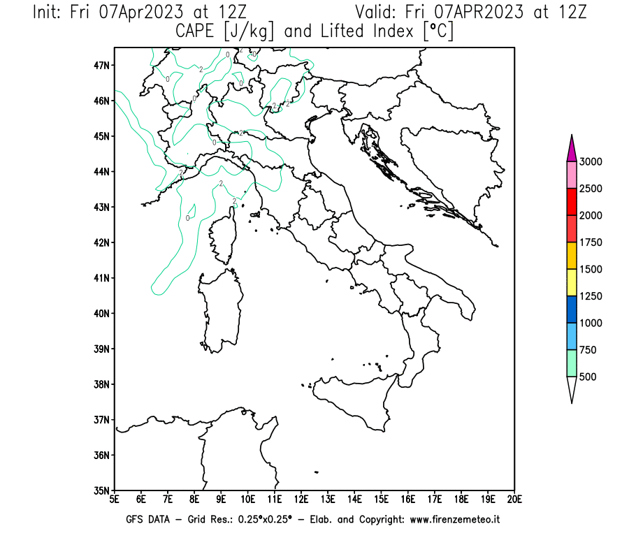Mappa di analisi GFS - CAPE [J/kg] e Lifted Index [°C] in Italia
							del 07/04/2023 12 <!--googleoff: index-->UTC<!--googleon: index-->