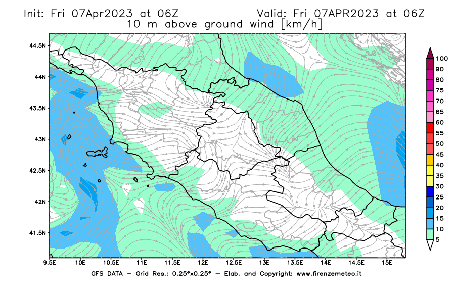 Mappa di analisi GFS - Velocità del vento a 10 metri dal suolo [km/h] in Centro-Italia
							del 07/04/2023 06 <!--googleoff: index-->UTC<!--googleon: index-->