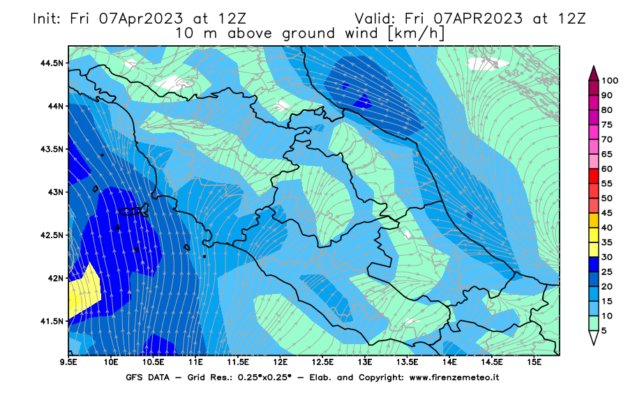 Mappa di analisi GFS - Velocità del vento a 10 metri dal suolo [km/h] in Centro-Italia
							del 07/04/2023 12 <!--googleoff: index-->UTC<!--googleon: index-->