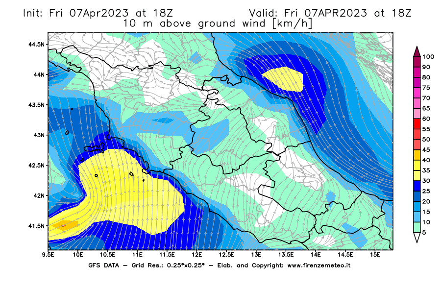 Mappa di analisi GFS - Velocità del vento a 10 metri dal suolo [km/h] in Centro-Italia
							del 07/04/2023 18 <!--googleoff: index-->UTC<!--googleon: index-->