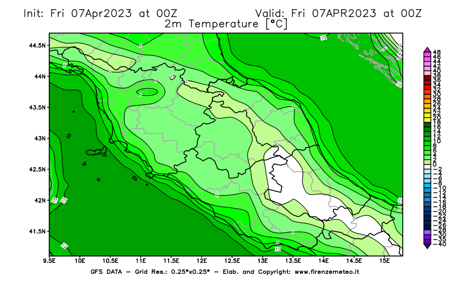Mappa di analisi GFS - Temperatura a 2 metri dal suolo [°C] in Centro-Italia
							del 07/04/2023 00 <!--googleoff: index-->UTC<!--googleon: index-->