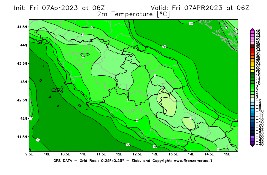 Mappa di analisi GFS - Temperatura a 2 metri dal suolo [°C] in Centro-Italia
							del 07/04/2023 06 <!--googleoff: index-->UTC<!--googleon: index-->