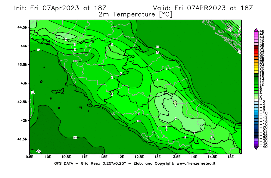 Mappa di analisi GFS - Temperatura a 2 metri dal suolo [°C] in Centro-Italia
							del 07/04/2023 18 <!--googleoff: index-->UTC<!--googleon: index-->