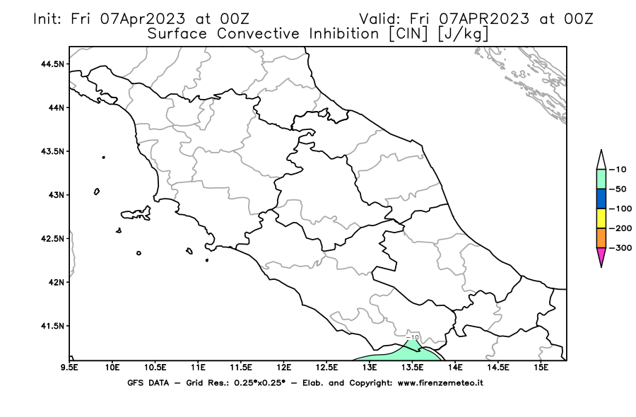Mappa di analisi GFS - CIN [J/kg] in Centro-Italia
							del 07/04/2023 00 <!--googleoff: index-->UTC<!--googleon: index-->