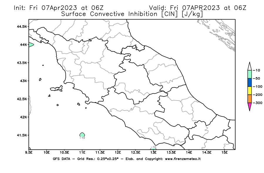 Mappa di analisi GFS - CIN [J/kg] in Centro-Italia
							del 07/04/2023 06 <!--googleoff: index-->UTC<!--googleon: index-->