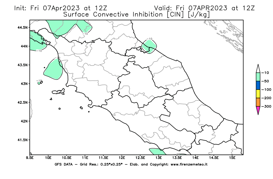 Mappa di analisi GFS - CIN [J/kg] in Centro-Italia
							del 07/04/2023 12 <!--googleoff: index-->UTC<!--googleon: index-->