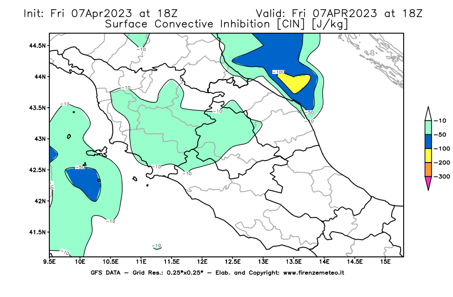 Mappa di analisi GFS - CIN [J/kg] in Centro-Italia
							del 07/04/2023 18 <!--googleoff: index-->UTC<!--googleon: index-->