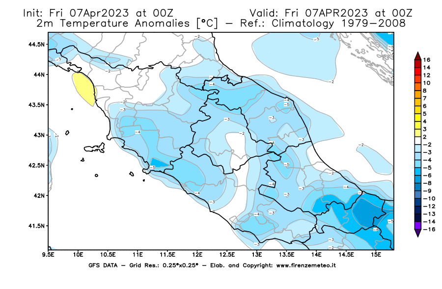 Mappa di analisi GFS - Anomalia Temperatura [°C] a 2 m in Centro-Italia
							del 07/04/2023 00 <!--googleoff: index-->UTC<!--googleon: index-->