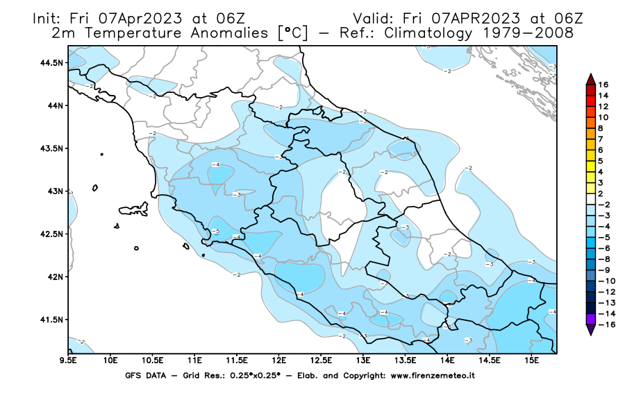 Mappa di analisi GFS - Anomalia Temperatura [°C] a 2 m in Centro-Italia
							del 07/04/2023 06 <!--googleoff: index-->UTC<!--googleon: index-->