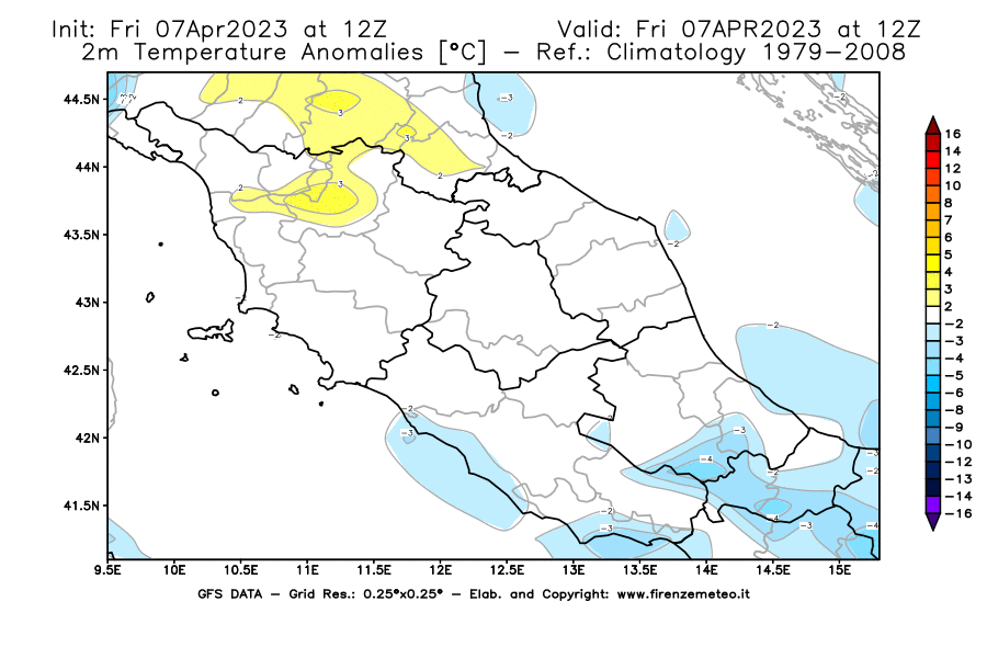 Mappa di analisi GFS - Anomalia Temperatura [°C] a 2 m in Centro-Italia
							del 07/04/2023 12 <!--googleoff: index-->UTC<!--googleon: index-->