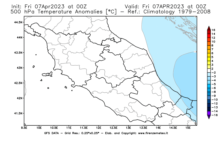 Mappa di analisi GFS - Anomalia Temperatura [°C] a 500 hPa in Centro-Italia
							del 07/04/2023 00 <!--googleoff: index-->UTC<!--googleon: index-->