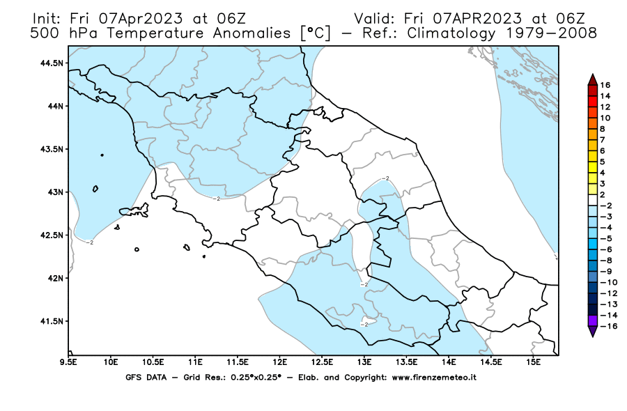 Mappa di analisi GFS - Anomalia Temperatura [°C] a 500 hPa in Centro-Italia
							del 07/04/2023 06 <!--googleoff: index-->UTC<!--googleon: index-->