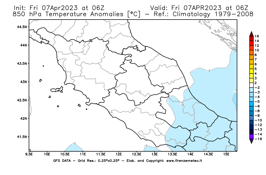 Mappa di analisi GFS - Anomalia Temperatura [°C] a 850 hPa in Centro-Italia
							del 07/04/2023 06 <!--googleoff: index-->UTC<!--googleon: index-->