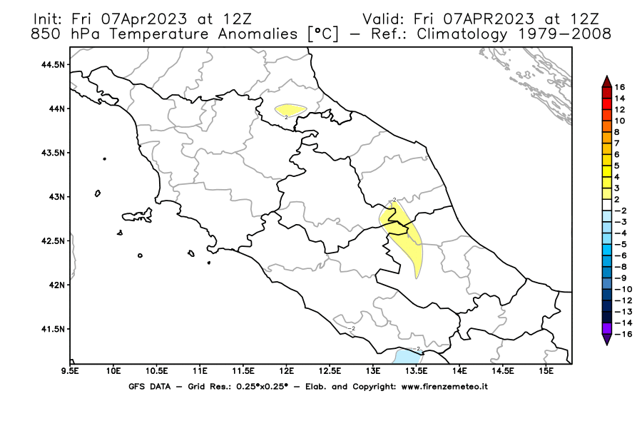Mappa di analisi GFS - Anomalia Temperatura [°C] a 850 hPa in Centro-Italia
							del 07/04/2023 12 <!--googleoff: index-->UTC<!--googleon: index-->
