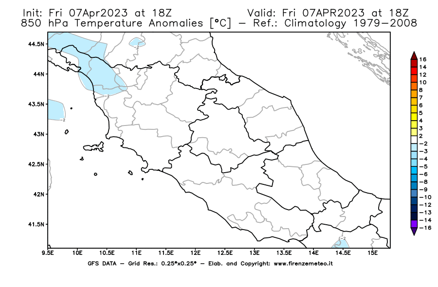 Mappa di analisi GFS - Anomalia Temperatura [°C] a 850 hPa in Centro-Italia
							del 07/04/2023 18 <!--googleoff: index-->UTC<!--googleon: index-->