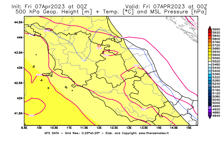 Mappa di analisi GFS - Geopotenziale [m] + Temp. [°C] a 500 hPa + Press. a livello del mare [hPa] in Centro-Italia
							del 07/04/2023 00 <!--googleoff: index-->UTC<!--googleon: index-->