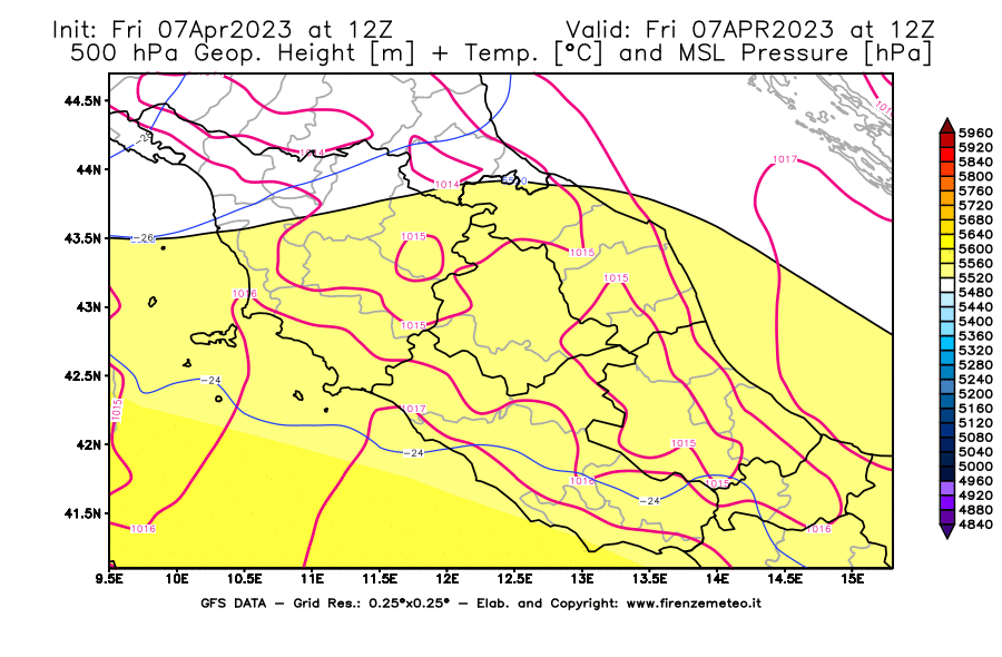 Mappa di analisi GFS - Geopotenziale [m] + Temp. [°C] a 500 hPa + Press. a livello del mare [hPa] in Centro-Italia
							del 07/04/2023 12 <!--googleoff: index-->UTC<!--googleon: index-->