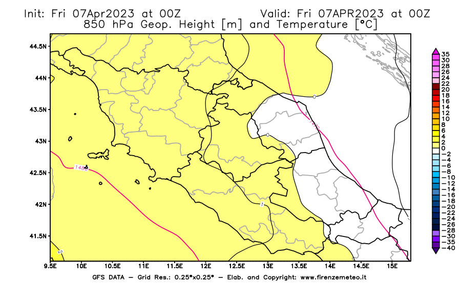Mappa di analisi GFS - Geopotenziale [m] e Temperatura [°C] a 850 hPa in Centro-Italia
							del 07/04/2023 00 <!--googleoff: index-->UTC<!--googleon: index-->