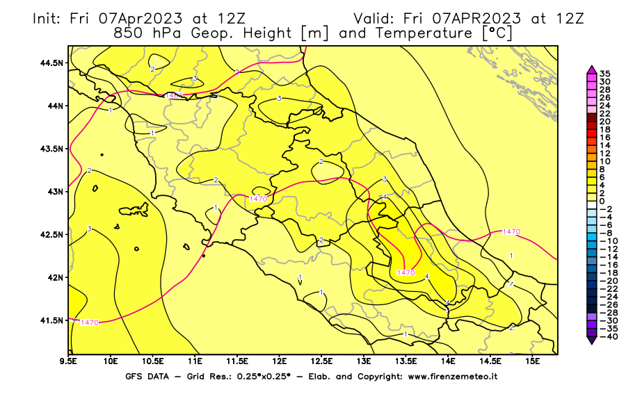 Mappa di analisi GFS - Geopotenziale [m] e Temperatura [°C] a 850 hPa in Centro-Italia
							del 07/04/2023 12 <!--googleoff: index-->UTC<!--googleon: index-->