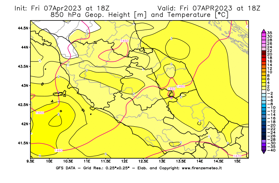 Mappa di analisi GFS - Geopotenziale [m] e Temperatura [°C] a 850 hPa in Centro-Italia
							del 07/04/2023 18 <!--googleoff: index-->UTC<!--googleon: index-->