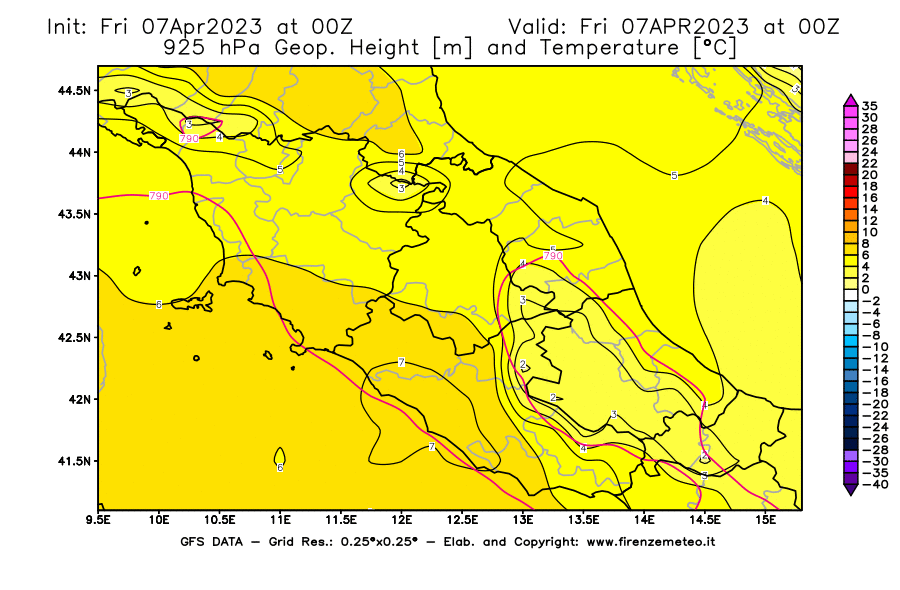 Mappa di analisi GFS - Geopotenziale [m] e Temperatura [°C] a 925 hPa in Centro-Italia
							del 07/04/2023 00 <!--googleoff: index-->UTC<!--googleon: index-->