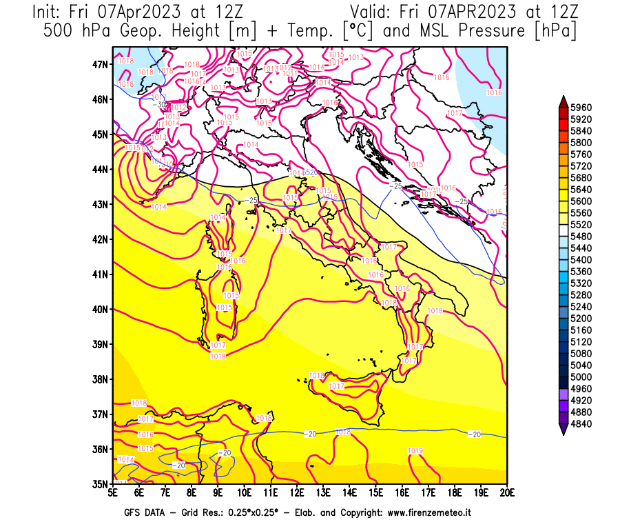 Mappa di analisi GFS - Geopotenziale [m] + Temp. [°C] a 500 hPa + Press. a livello del mare [hPa] in Italia
							del 07/04/2023 12 <!--googleoff: index-->UTC<!--googleon: index-->