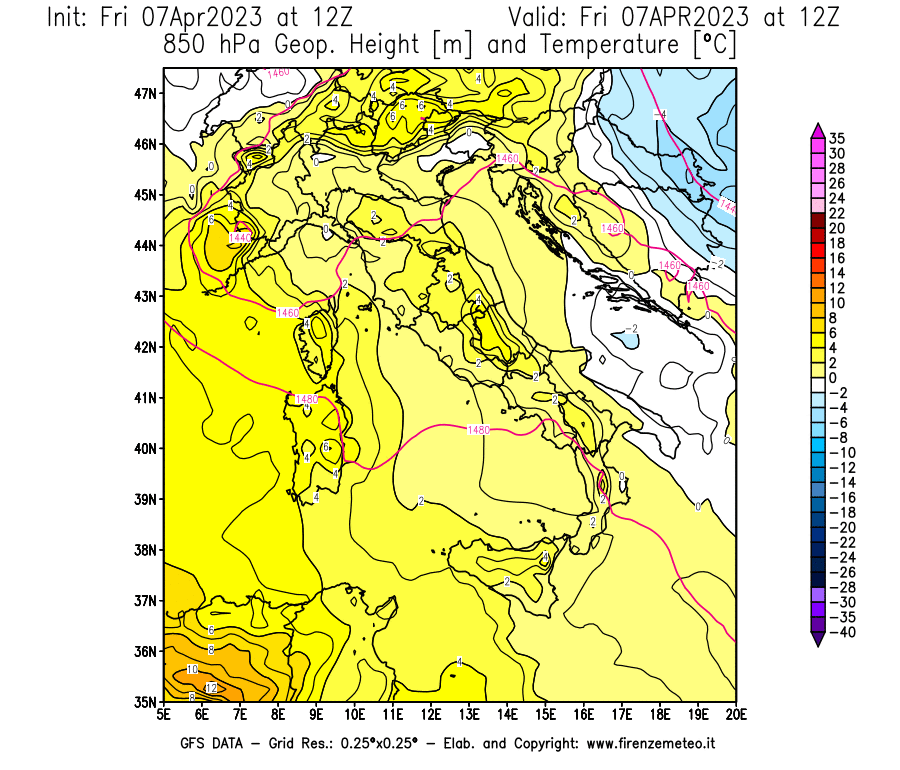 Mappa di analisi GFS - Geopotenziale [m] e Temperatura [°C] a 850 hPa in Italia
							del 07/04/2023 12 <!--googleoff: index-->UTC<!--googleon: index-->