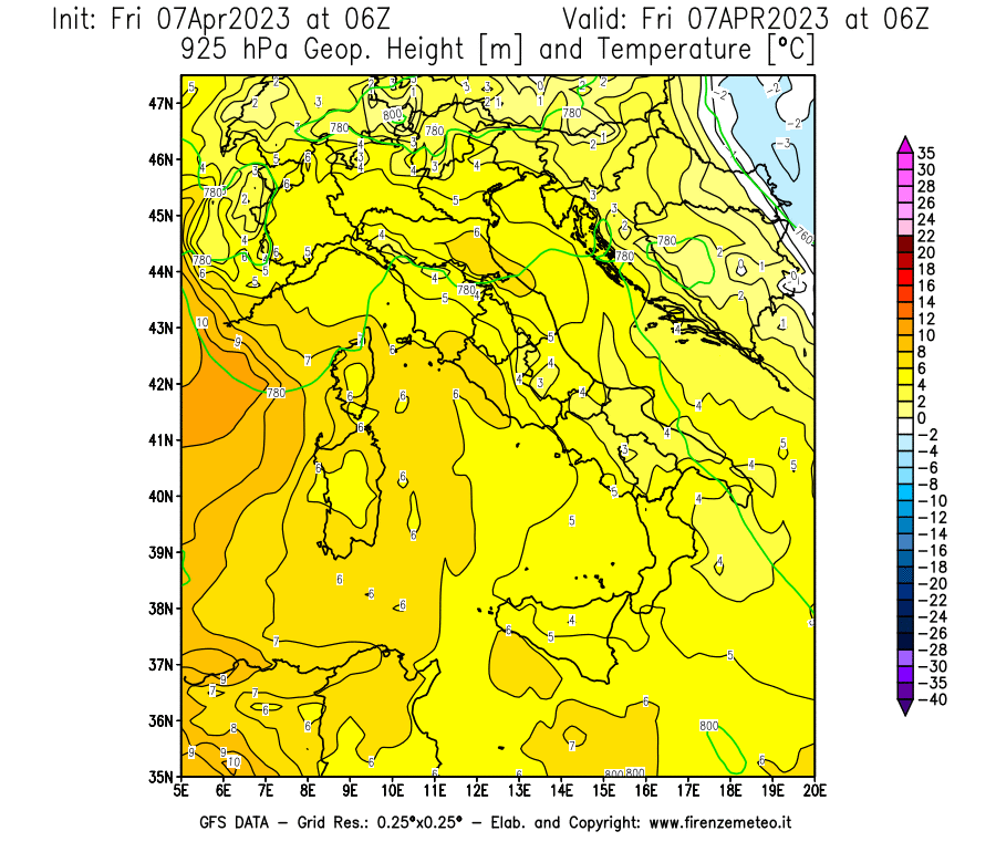 Mappa di analisi GFS - Geopotenziale [m] e Temperatura [°C] a 925 hPa in Italia
							del 07/04/2023 06 <!--googleoff: index-->UTC<!--googleon: index-->