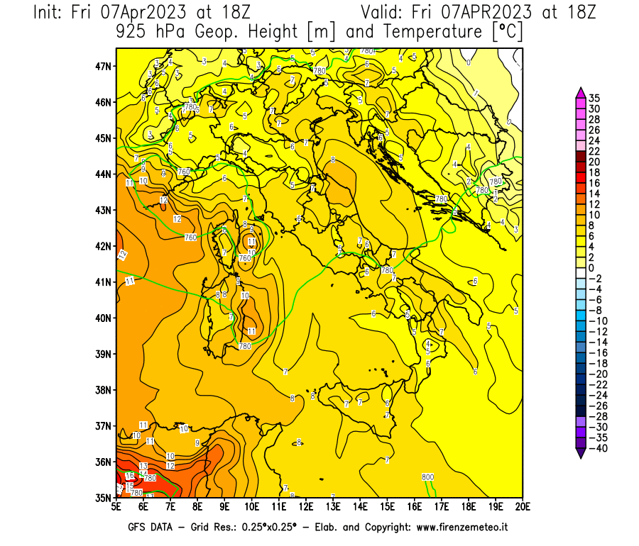 Mappa di analisi GFS - Geopotenziale [m] e Temperatura [°C] a 925 hPa in Italia
							del 07/04/2023 18 <!--googleoff: index-->UTC<!--googleon: index-->