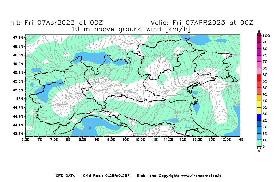 Mappa di analisi GFS - Velocità del vento a 10 metri dal suolo [km/h] in Nord-Italia
							del 07/04/2023 00 <!--googleoff: index-->UTC<!--googleon: index-->