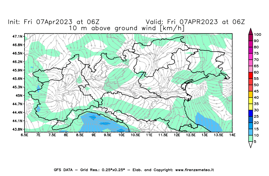 Mappa di analisi GFS - Velocità del vento a 10 metri dal suolo [km/h] in Nord-Italia
							del 07/04/2023 06 <!--googleoff: index-->UTC<!--googleon: index-->