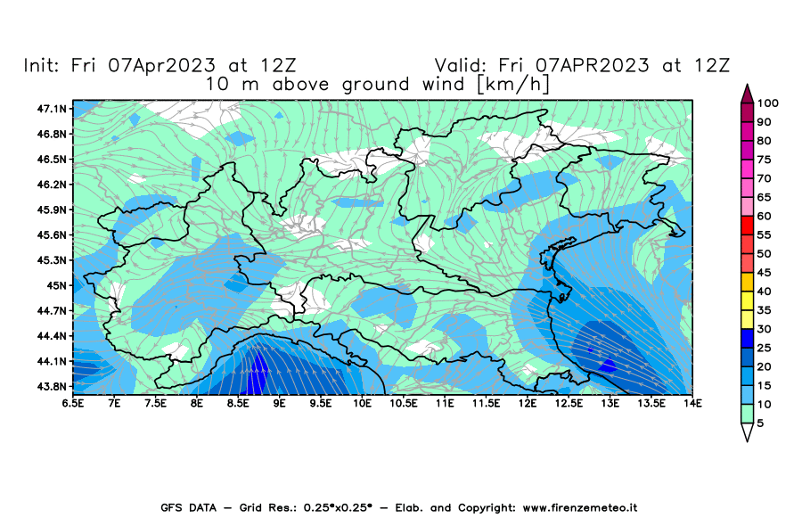 Mappa di analisi GFS - Velocità del vento a 10 metri dal suolo [km/h] in Nord-Italia
							del 07/04/2023 12 <!--googleoff: index-->UTC<!--googleon: index-->