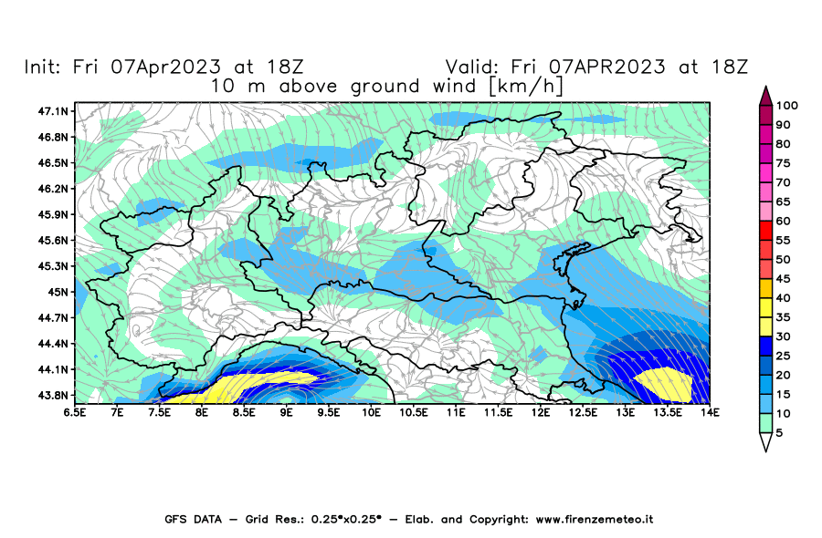 Mappa di analisi GFS - Velocità del vento a 10 metri dal suolo [km/h] in Nord-Italia
							del 07/04/2023 18 <!--googleoff: index-->UTC<!--googleon: index-->