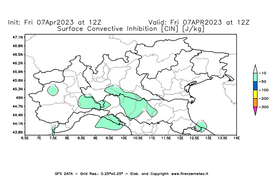 Mappa di analisi GFS - CIN [J/kg] in Nord-Italia
							del 07/04/2023 12 <!--googleoff: index-->UTC<!--googleon: index-->