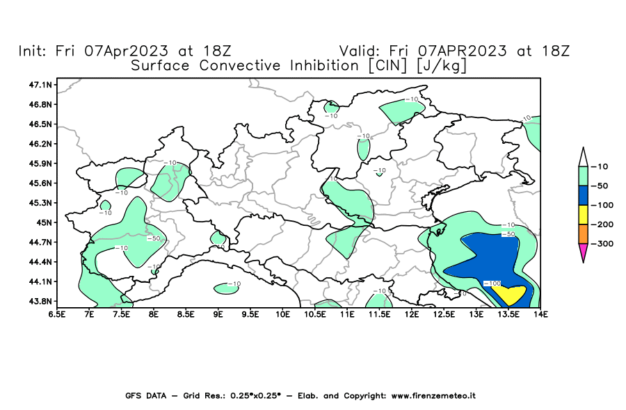 Mappa di analisi GFS - CIN [J/kg] in Nord-Italia
							del 07/04/2023 18 <!--googleoff: index-->UTC<!--googleon: index-->