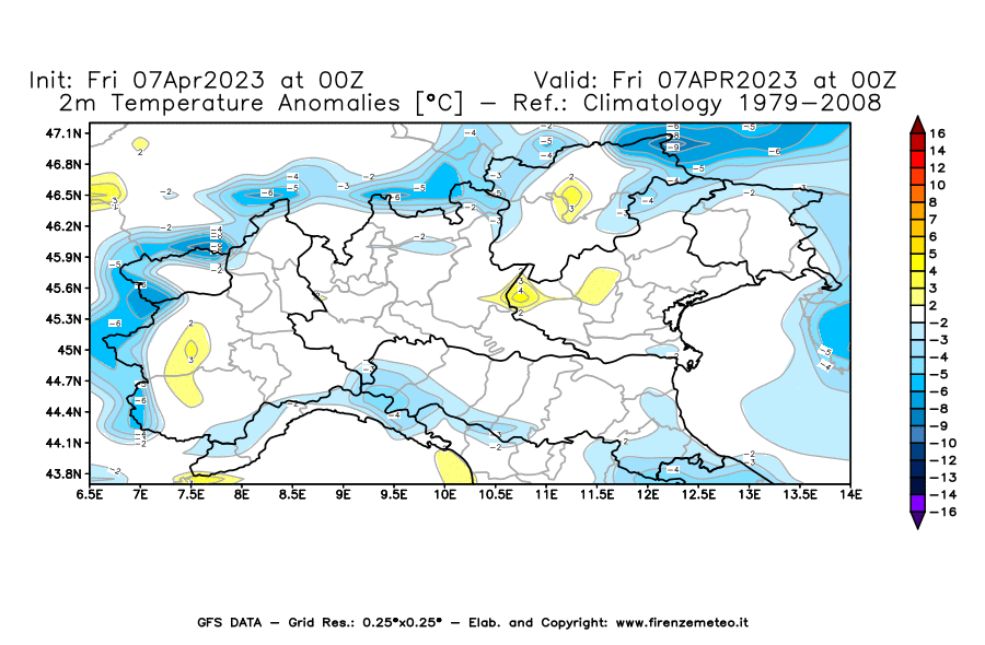 Mappa di analisi GFS - Anomalia Temperatura [°C] a 2 m in Nord-Italia
							del 07/04/2023 00 <!--googleoff: index-->UTC<!--googleon: index-->