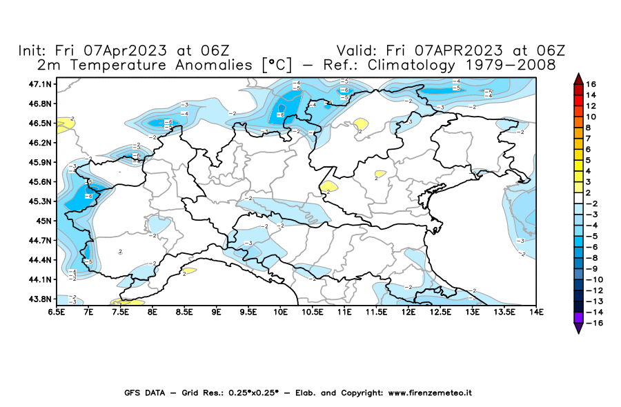 Mappa di analisi GFS - Anomalia Temperatura [°C] a 2 m in Nord-Italia
							del 07/04/2023 06 <!--googleoff: index-->UTC<!--googleon: index-->