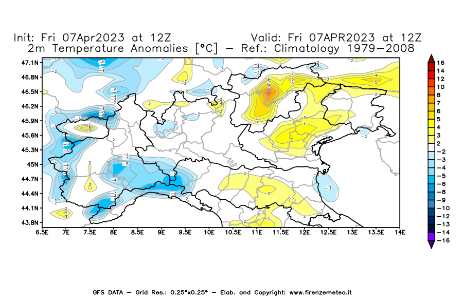 Mappa di analisi GFS - Anomalia Temperatura [°C] a 2 m in Nord-Italia
							del 07/04/2023 12 <!--googleoff: index-->UTC<!--googleon: index-->