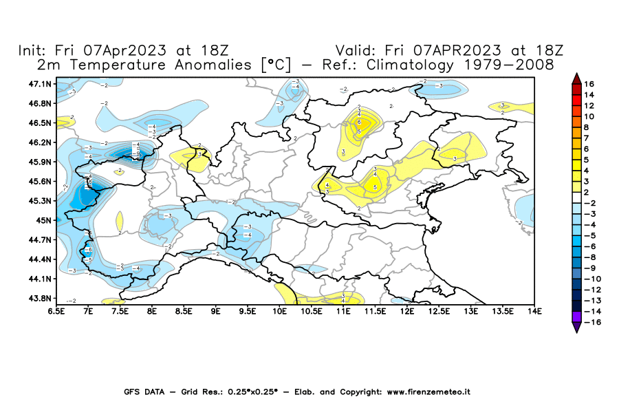 Mappa di analisi GFS - Anomalia Temperatura [°C] a 2 m in Nord-Italia
							del 07/04/2023 18 <!--googleoff: index-->UTC<!--googleon: index-->