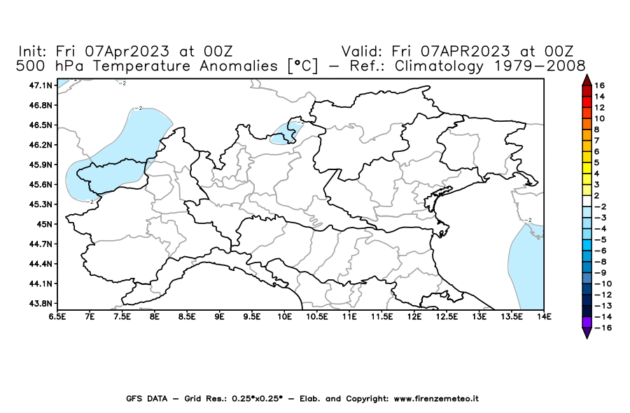 Mappa di analisi GFS - Anomalia Temperatura [°C] a 500 hPa in Nord-Italia
							del 07/04/2023 00 <!--googleoff: index-->UTC<!--googleon: index-->
