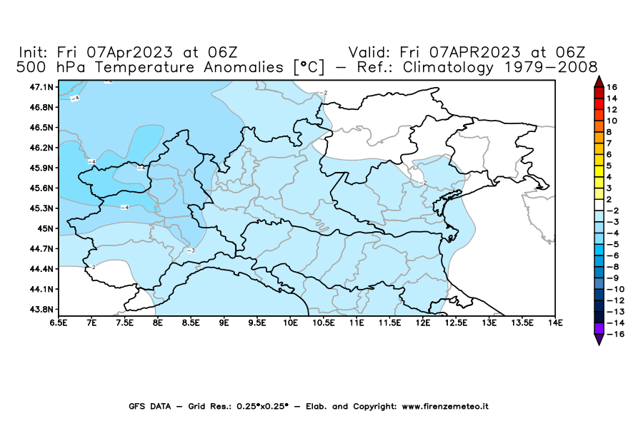 Mappa di analisi GFS - Anomalia Temperatura [°C] a 500 hPa in Nord-Italia
							del 07/04/2023 06 <!--googleoff: index-->UTC<!--googleon: index-->