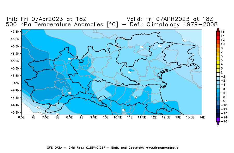 Mappa di analisi GFS - Anomalia Temperatura [°C] a 500 hPa in Nord-Italia
							del 07/04/2023 18 <!--googleoff: index-->UTC<!--googleon: index-->