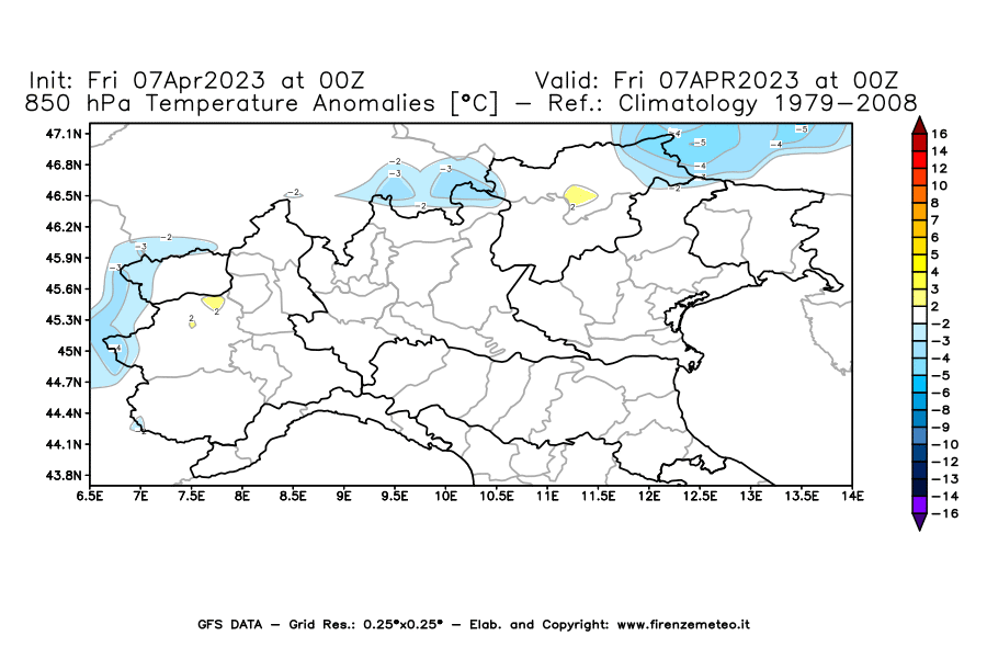 Mappa di analisi GFS - Anomalia Temperatura [°C] a 850 hPa in Nord-Italia
							del 07/04/2023 00 <!--googleoff: index-->UTC<!--googleon: index-->